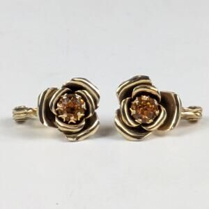 Vtg Clip-On Earrings Lewis Segal Signed Gold Tone Rose Amber Rhinestones Flower